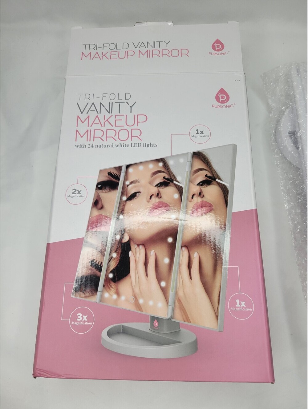 Pursonic Tri-Fold Vanity Makeup Mirror w/ 24 LED lights White  OPEN BOX